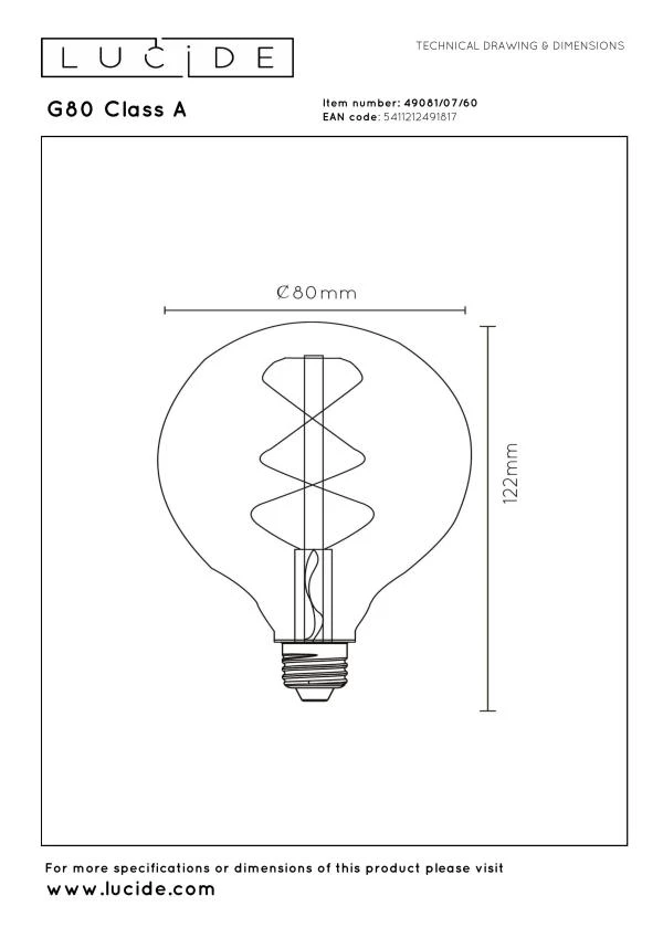 Lucide G80 Class A - Glühfadenlampe - Ø 8 cm - LED - E27 - 1x7W 2700K - Transparent - technisch